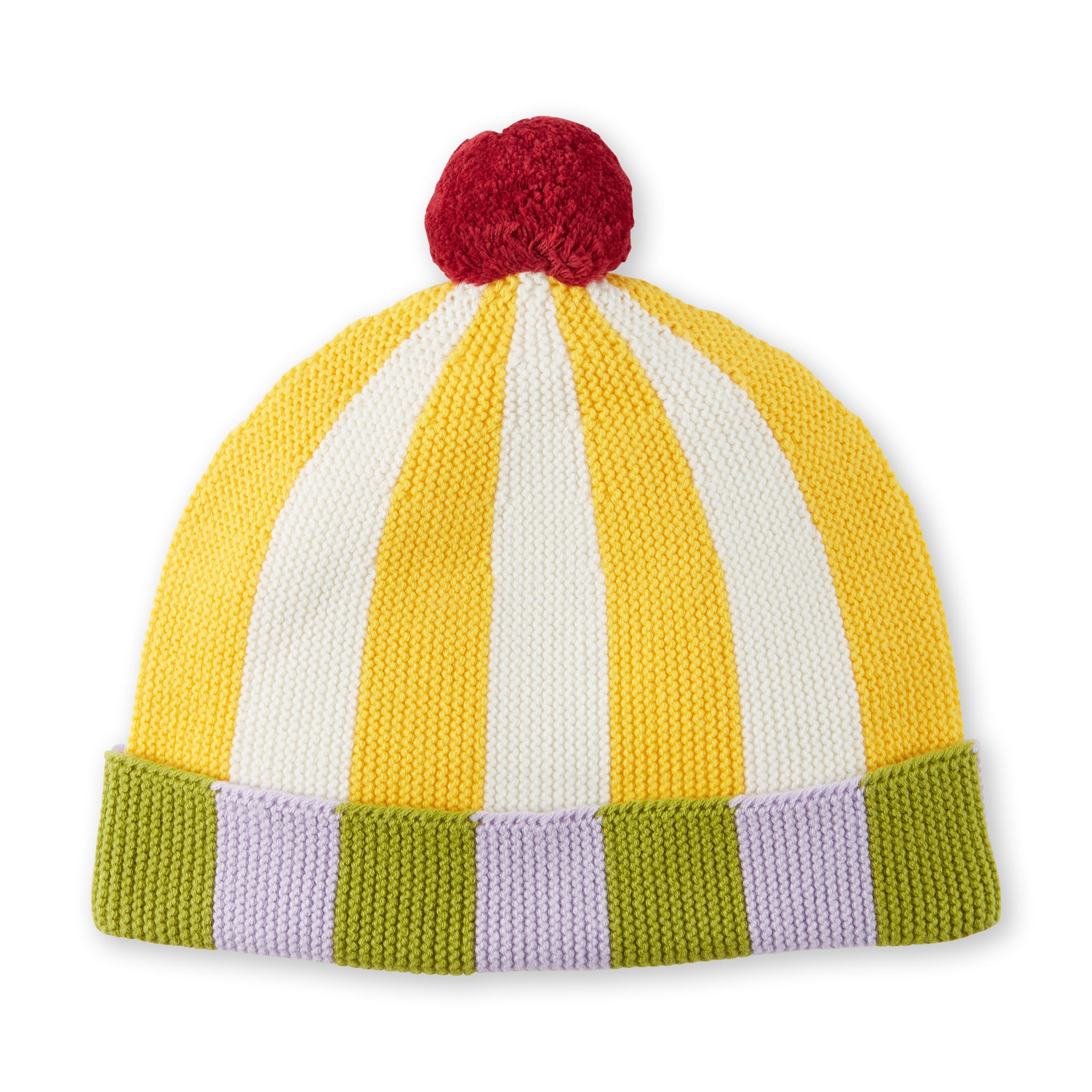 Dusen Dusen Striped Cotton Beanie with Pom-Pom - Purple & Yellow