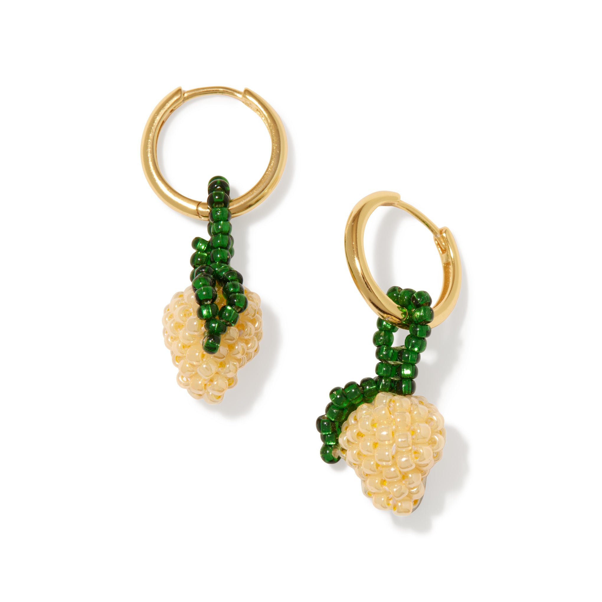 Handmade Lemon Beaded Hoop Earrings in Gold by Pura Utz