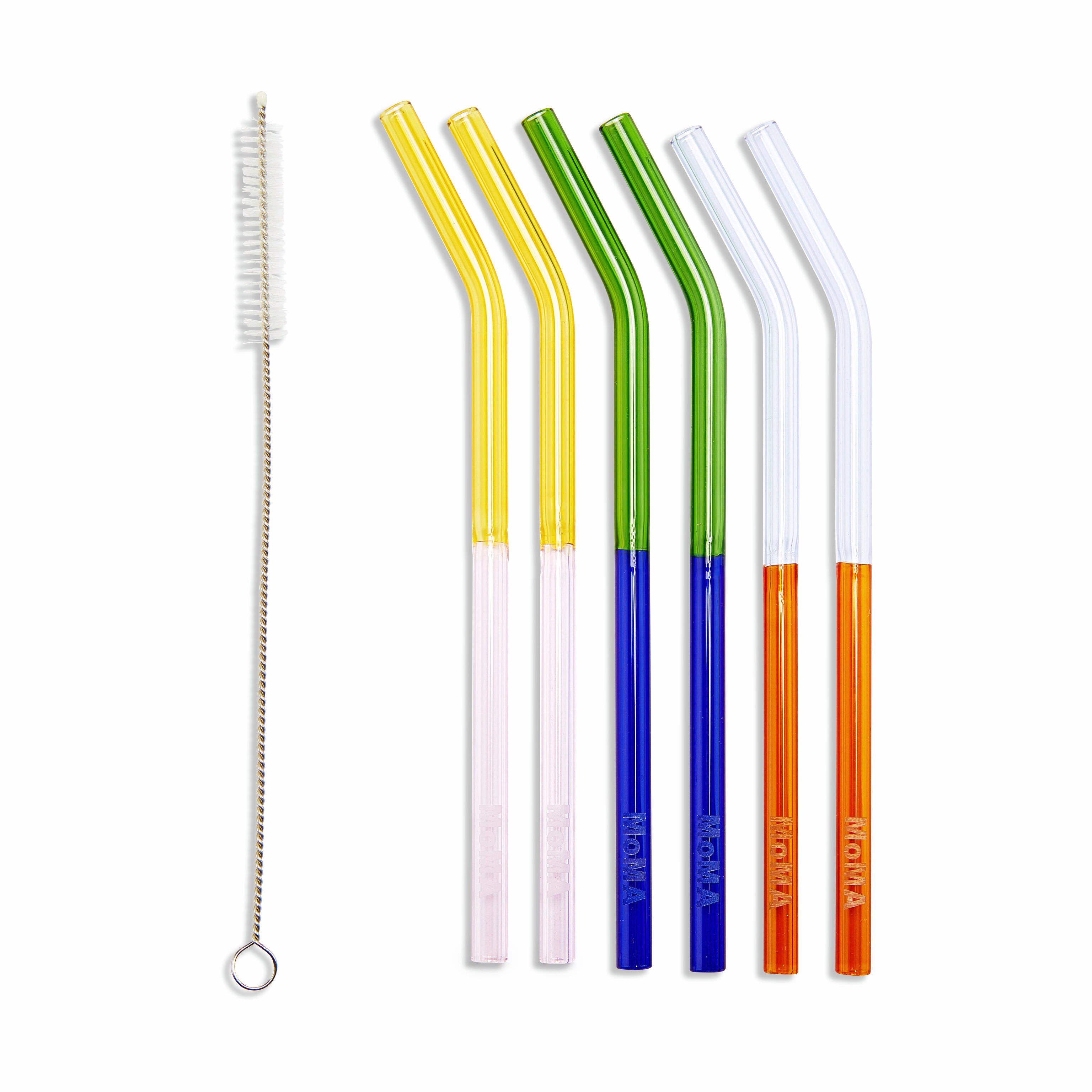 MoMA Colorful Borosilicate Glass Straws - Set of 6 with Brush