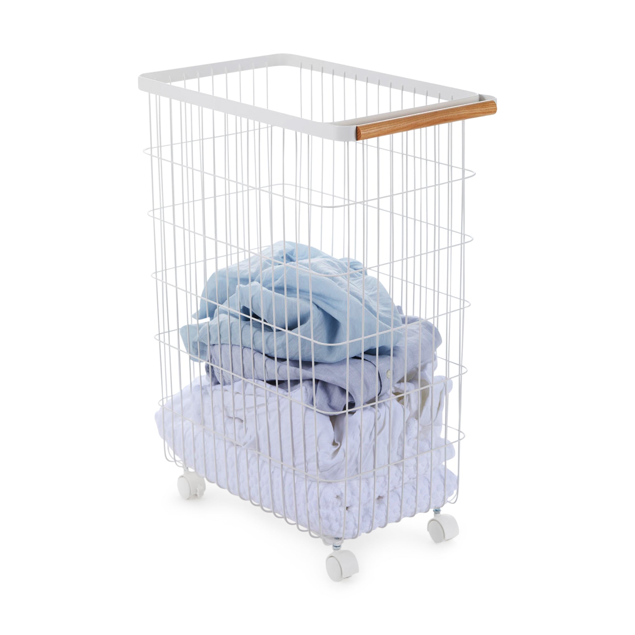 Wheeled Laundry Basket with Wooden Handle & Steel Frame - 24" Tall