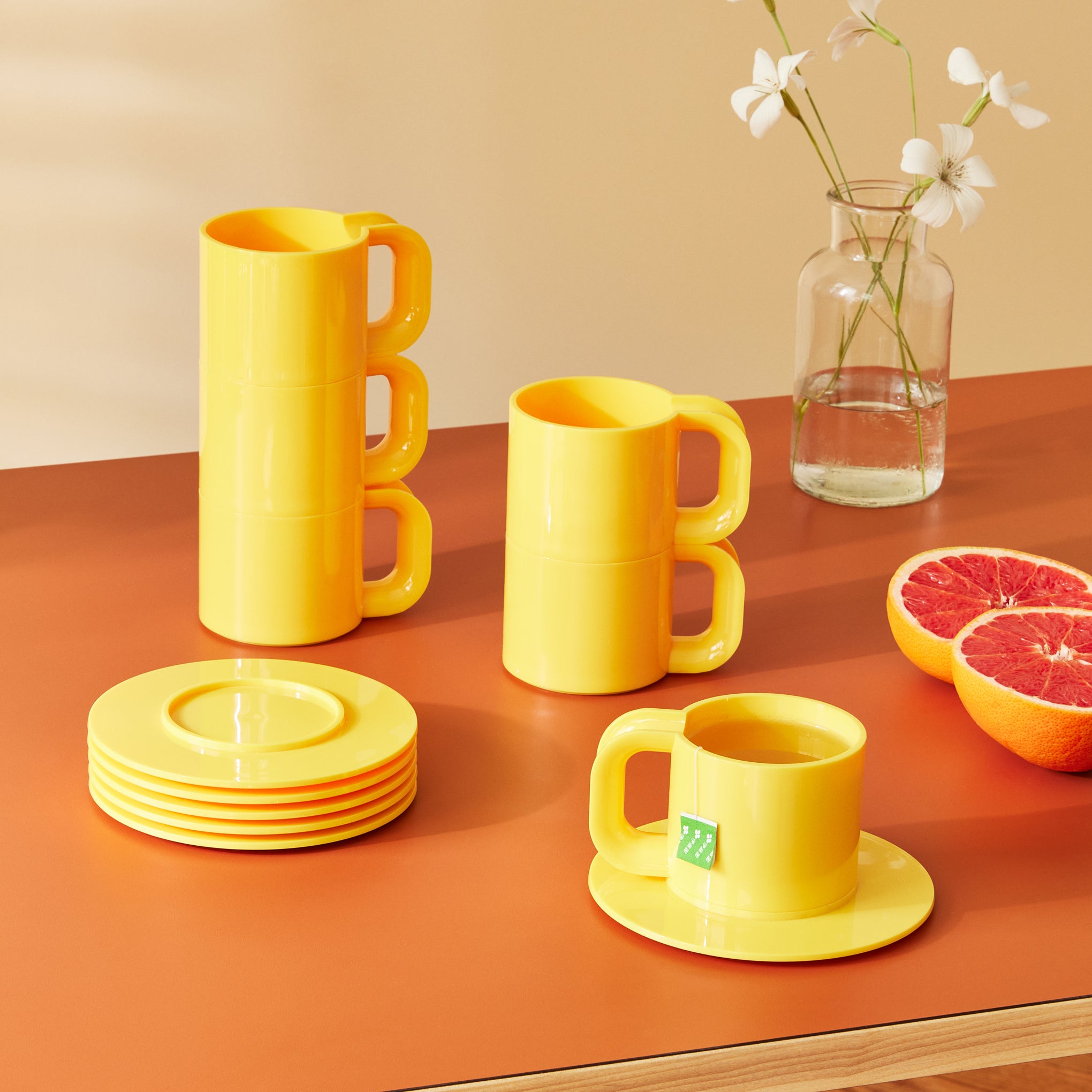 Vignelli Hellerware Stacking Cups & Saucers Set - 6 Yellow