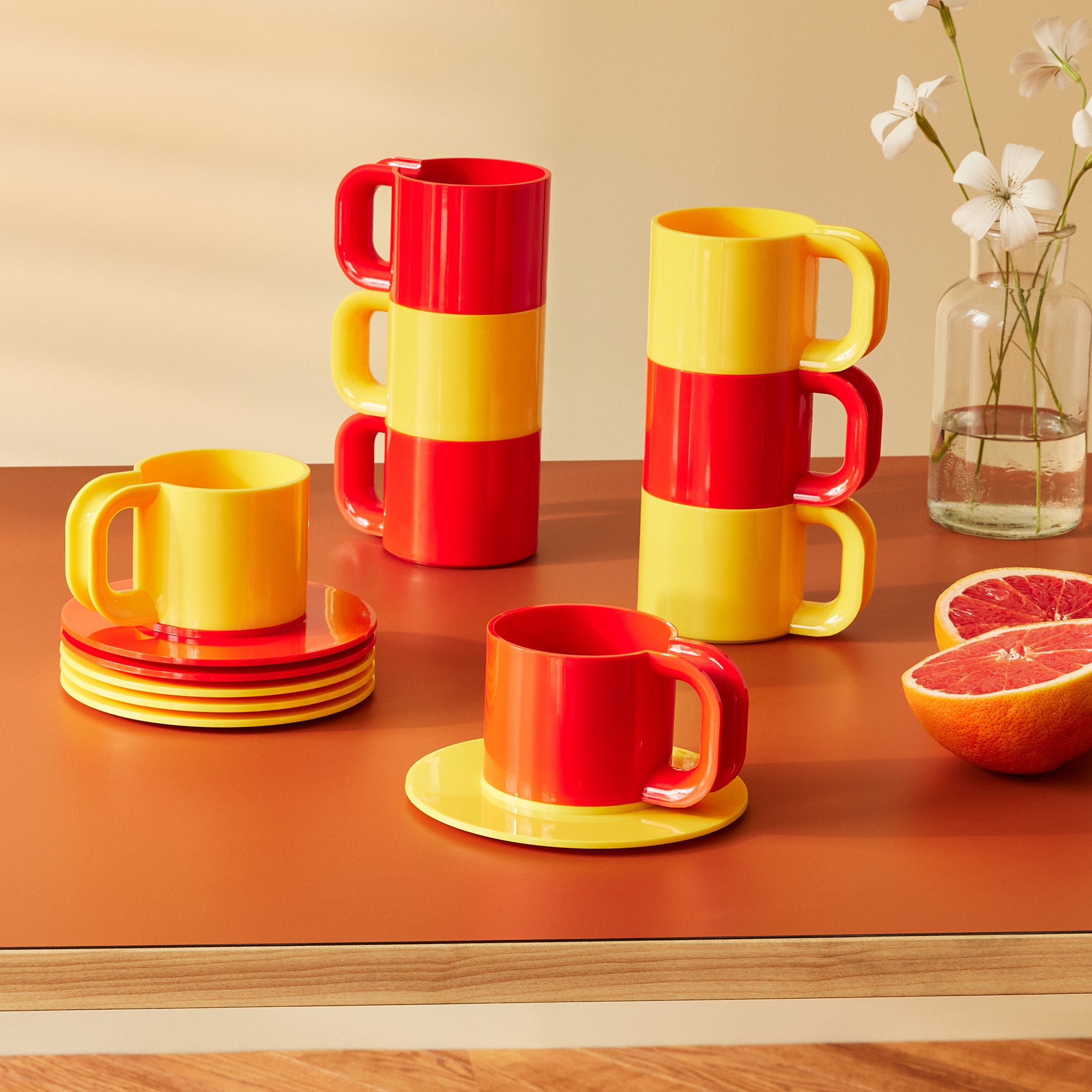 Vignelli Hellerware Stacking Cups & Saucers Set - 6 Yellow