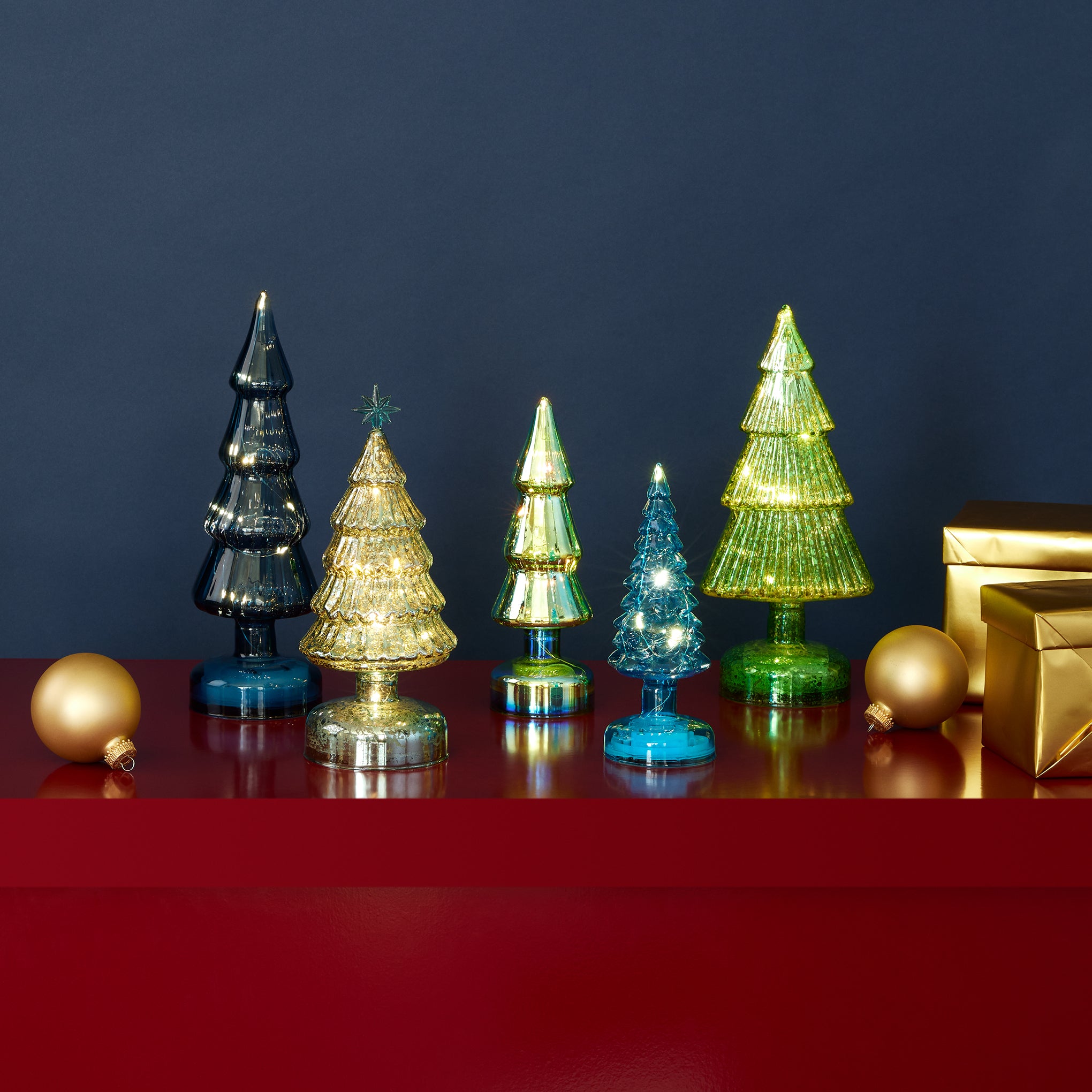 MoMA LED Glass Lighted Trees - Set of 5 - Blue Holiday Decor
