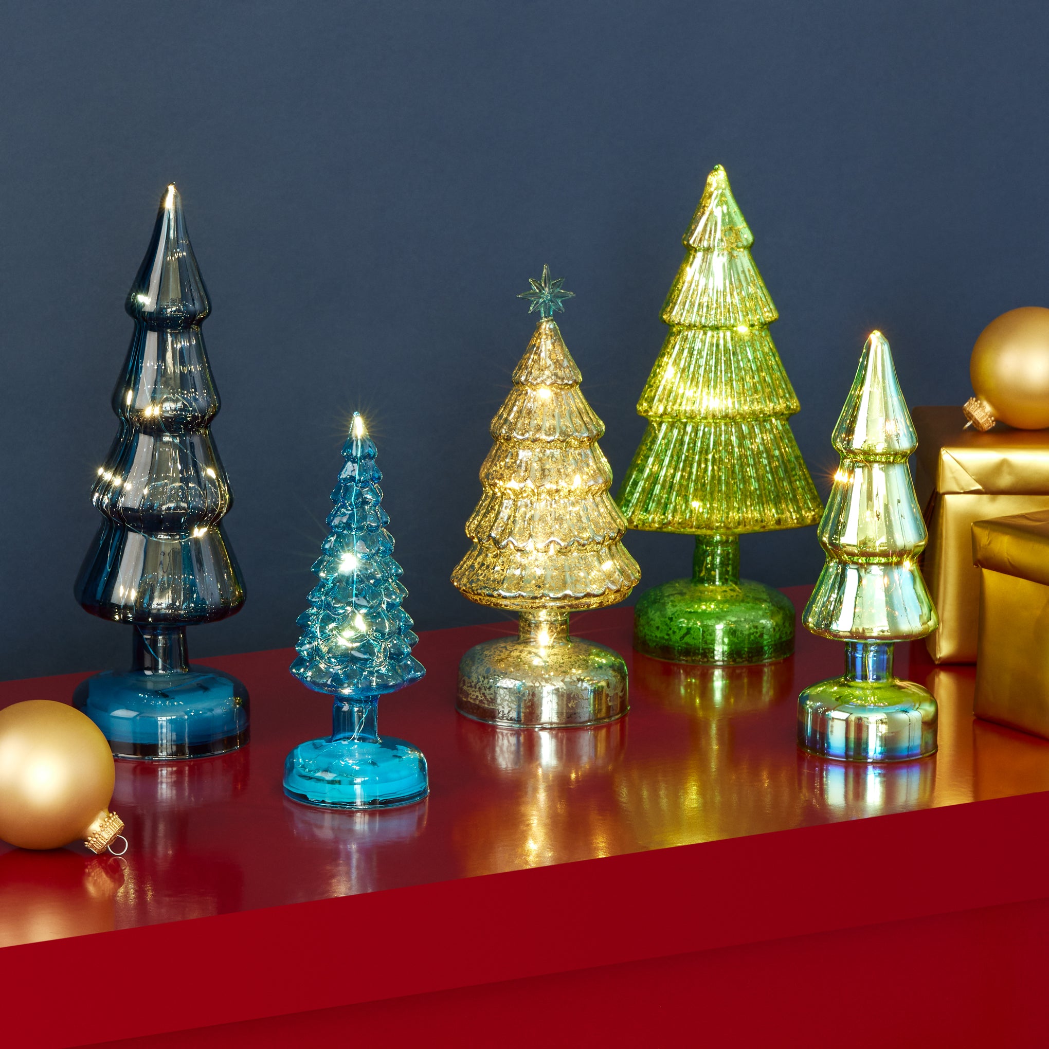 MoMA LED Glass Lighted Trees - Set of 5 - Blue Holiday Decor
