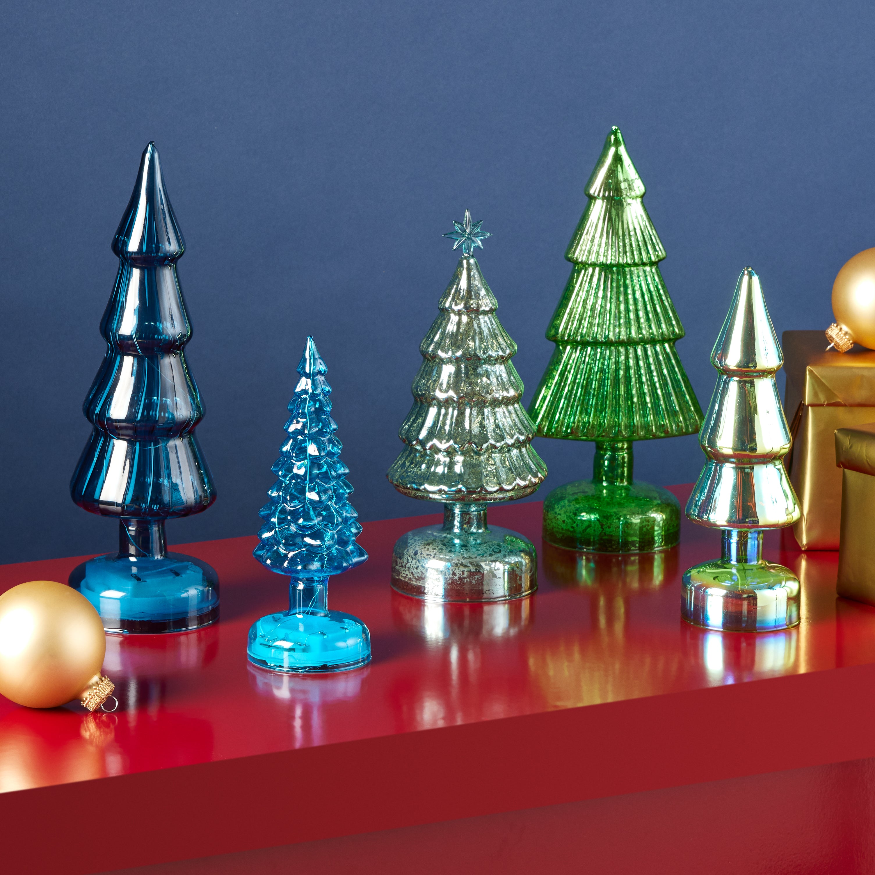 MoMA LED Glass Lighted Trees - Set of 5 - Blue Holiday Decor