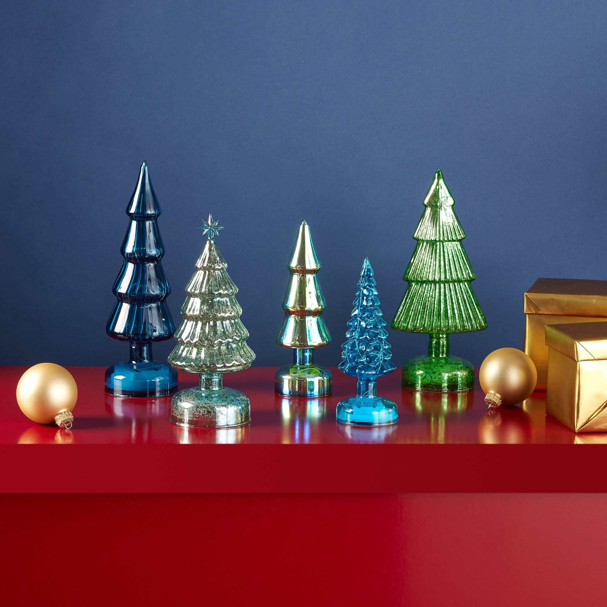 MoMA LED Glass Lighted Trees - Set of 5 - Blue Holiday Decor