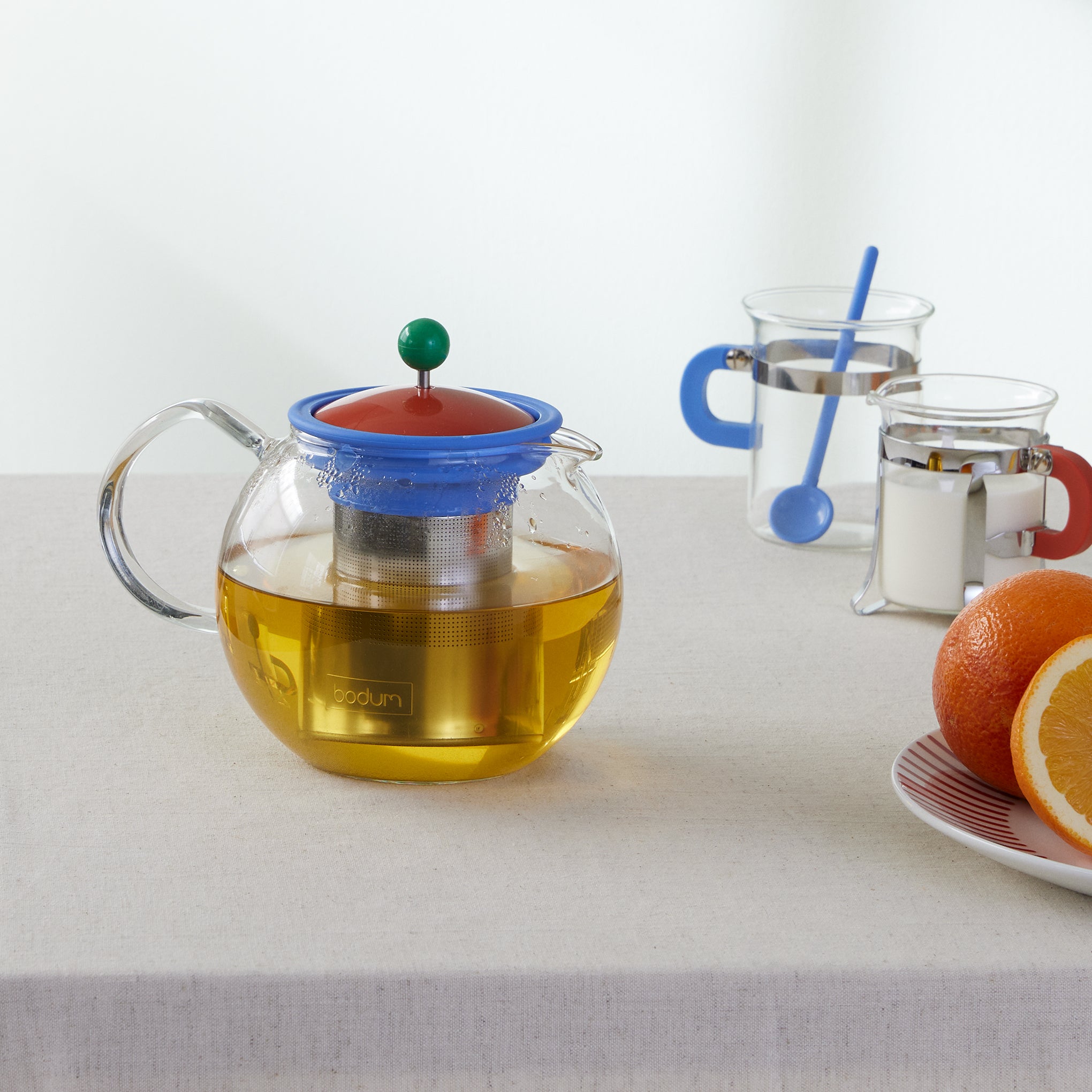 Bodum Assam Glass Teapot with Stainless Steel Infuser - Dark Coral & Blue