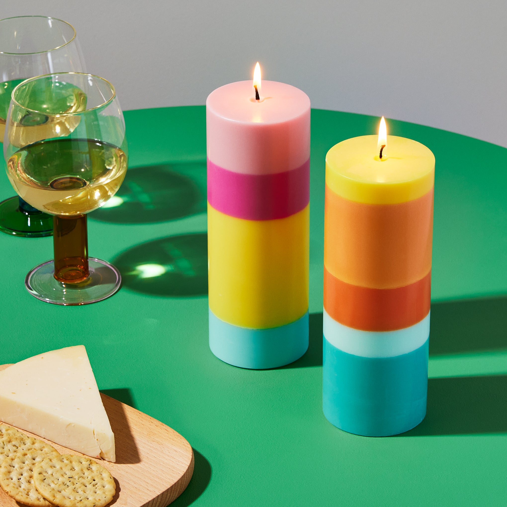 Colorblock Column Candle - Orange & Turquoise Non-Drip Stearin Wax