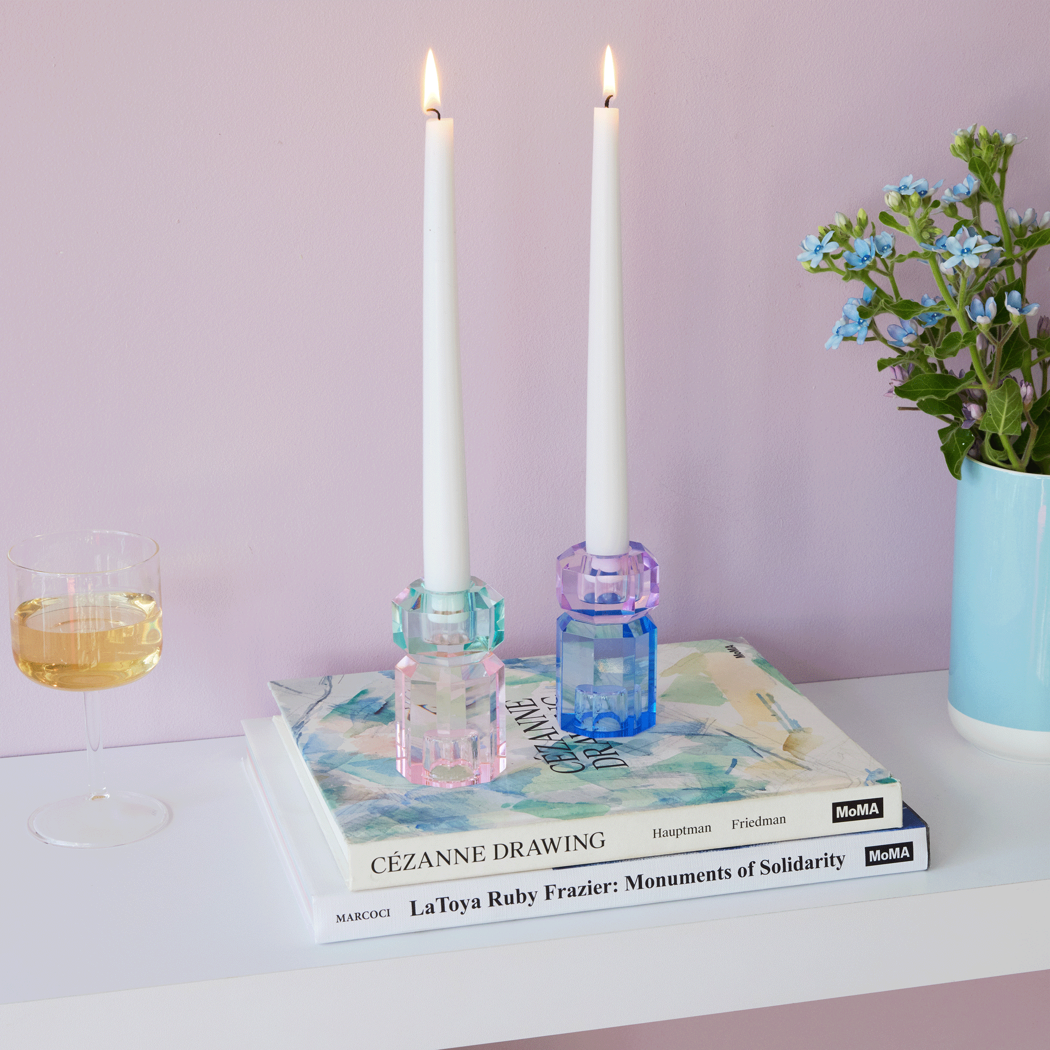 Faceted Crystal Candle Holder - Reversible Cobalt & Violet for Tapers & Tea Lights