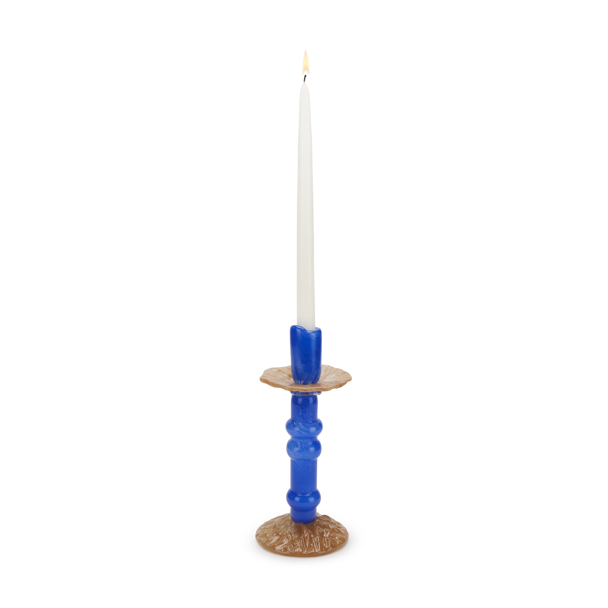 Handmade Lara Glass Candle Holder - Blue & Tan Baroque Pillar Design