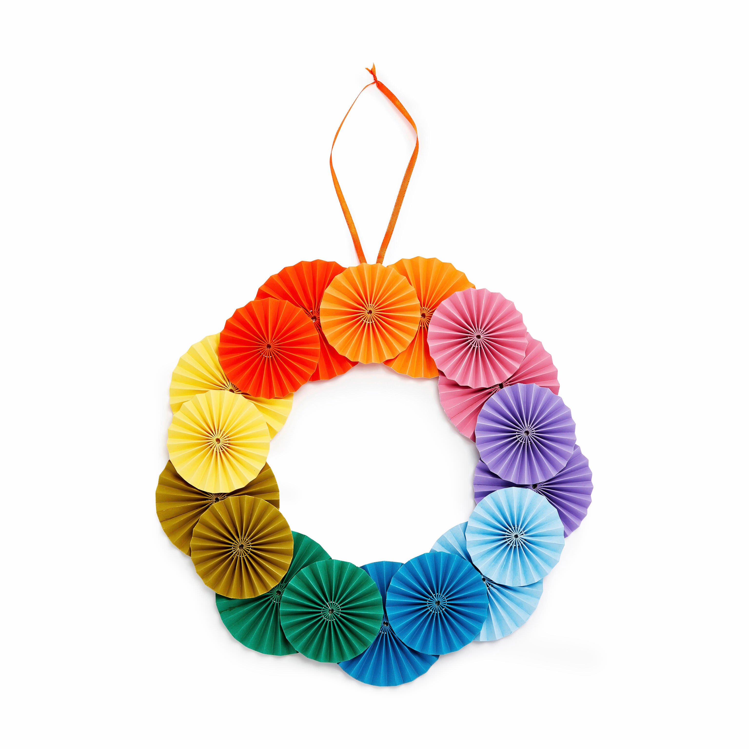 Handcrafted Colorful Paper Fan Wreath with Ribbon - 13.75" Diameter
