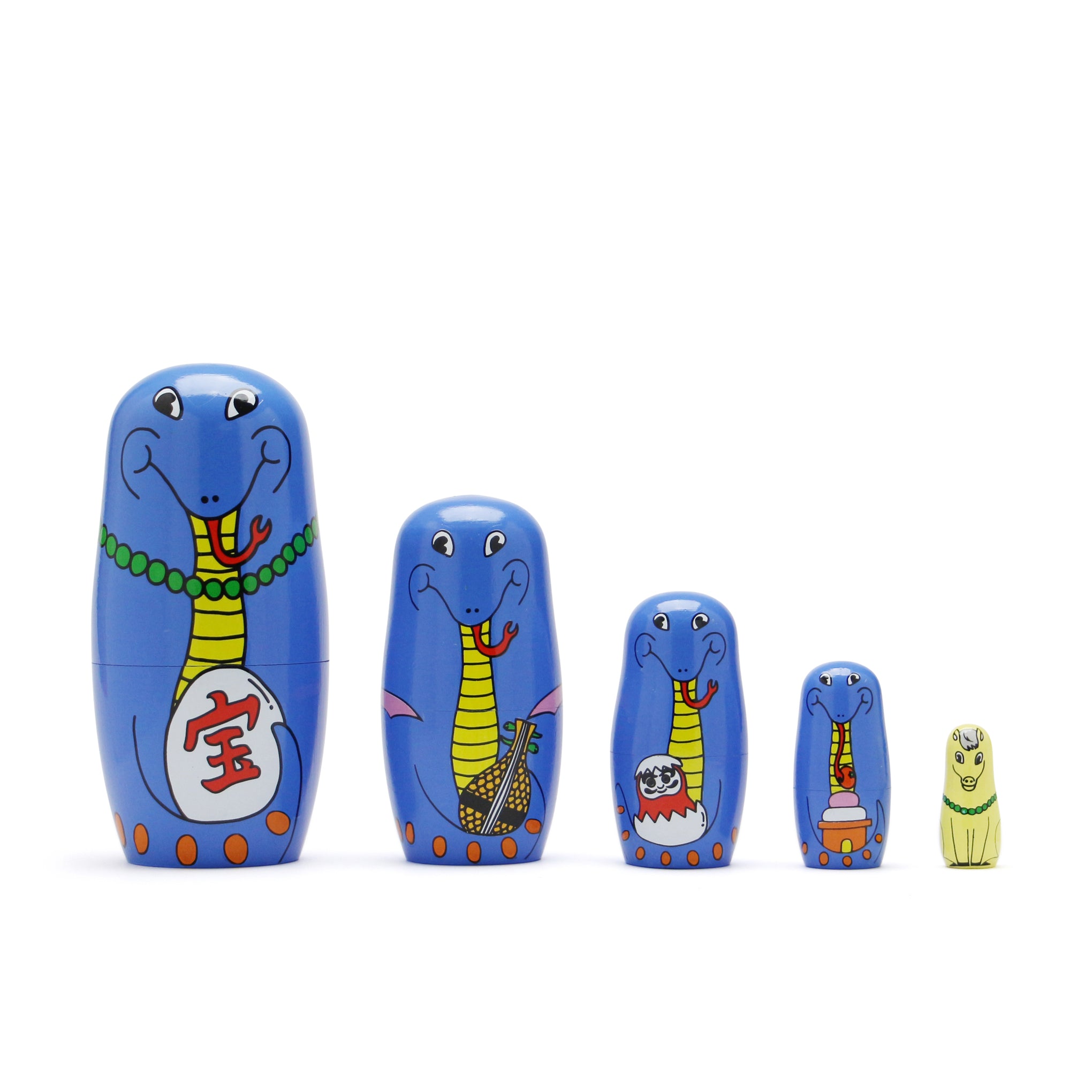 Happy Snakes Wooden Nesting Dolls - Japanese Folk Art Set of 5