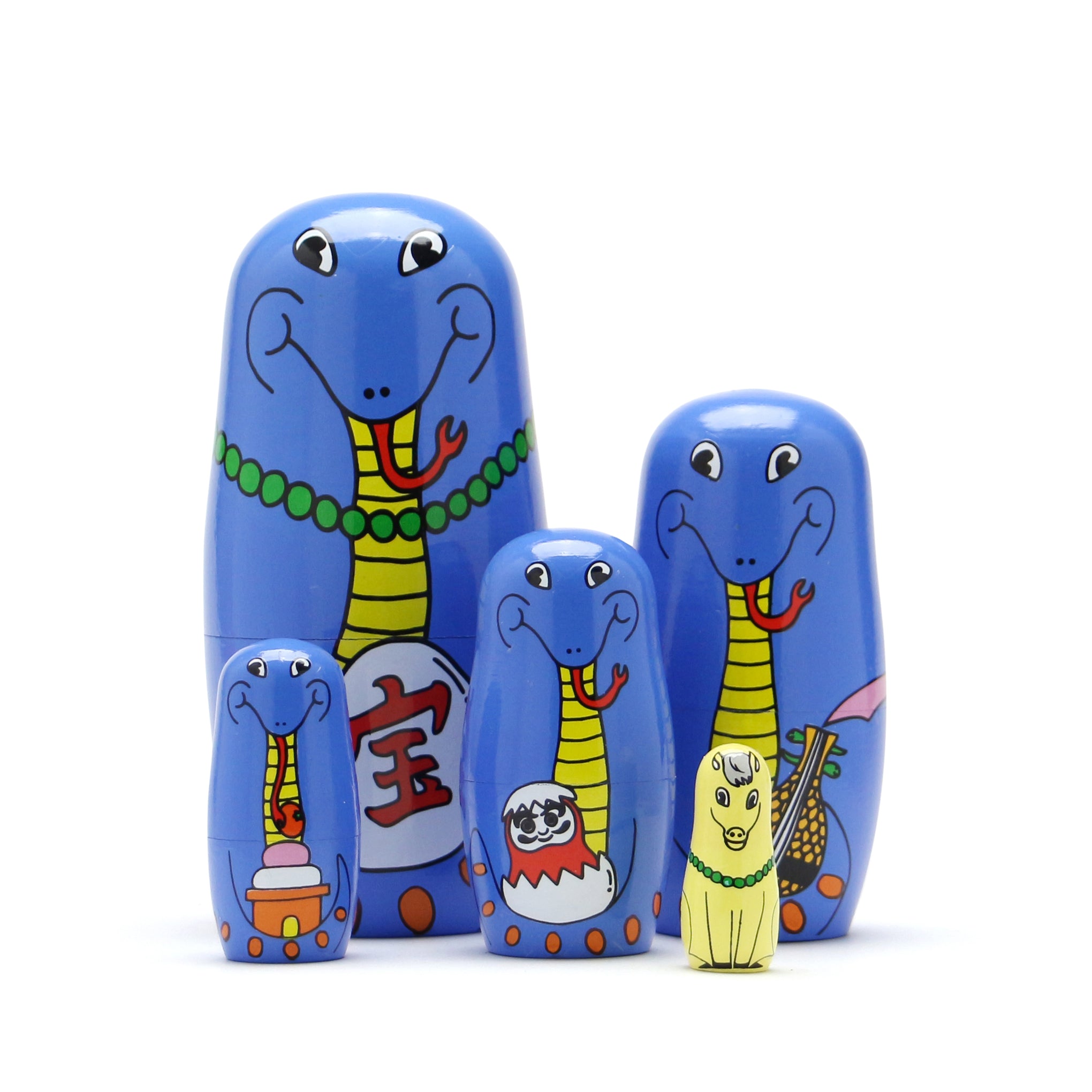 Happy Snakes Wooden Nesting Dolls - Japanese Folk Art Set of 5