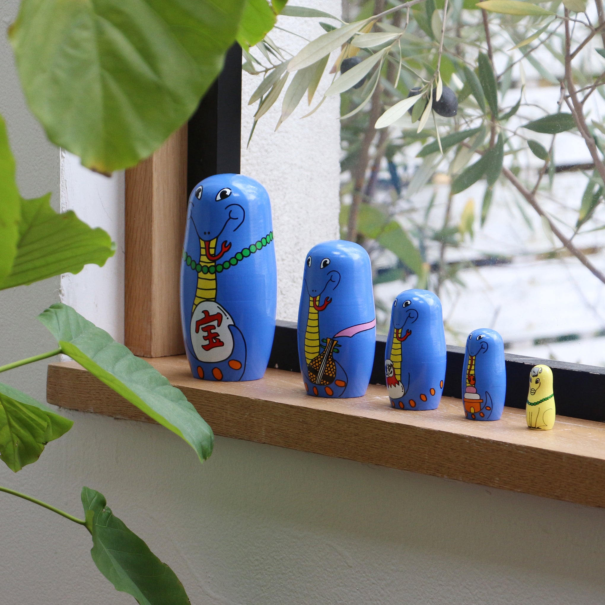 Happy Snakes Wooden Nesting Dolls - Japanese Folk Art Set of 5
