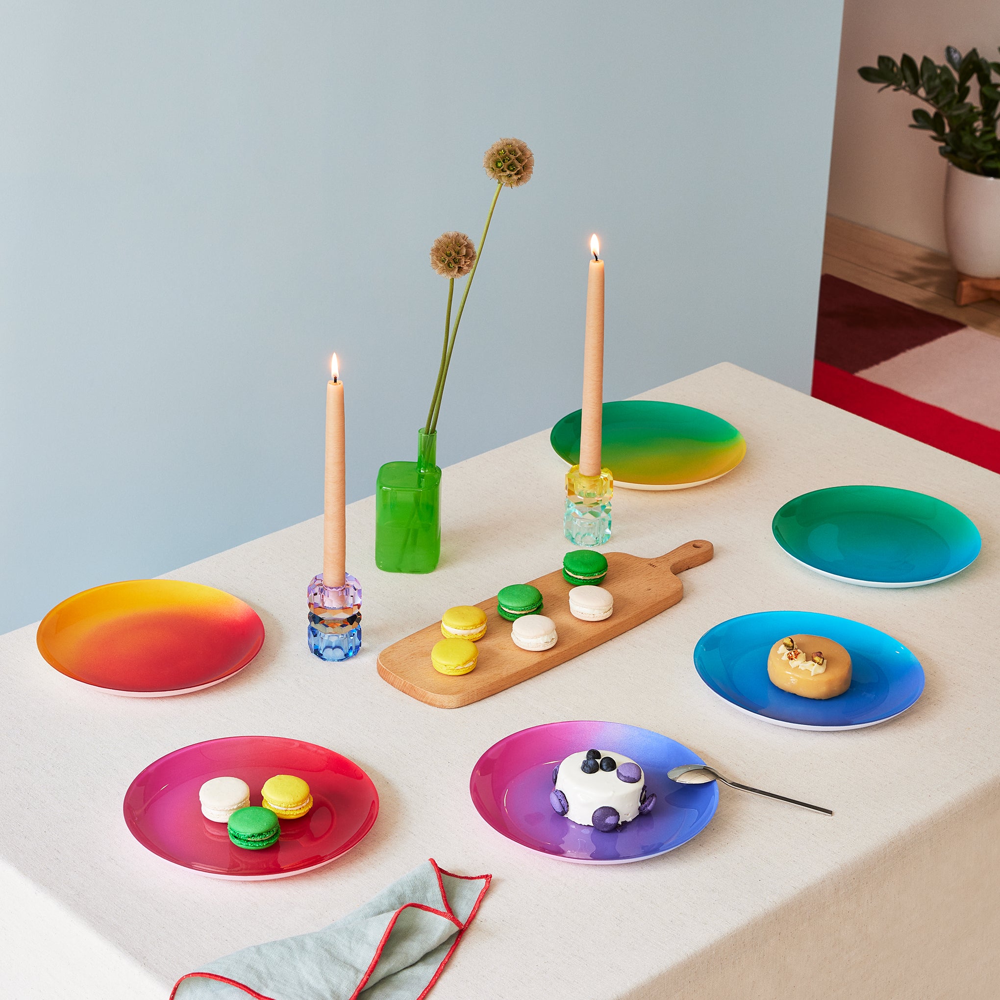 Spectrum Glass Dessert Plates Set of 6 - Hand-Painted Ombre Design
