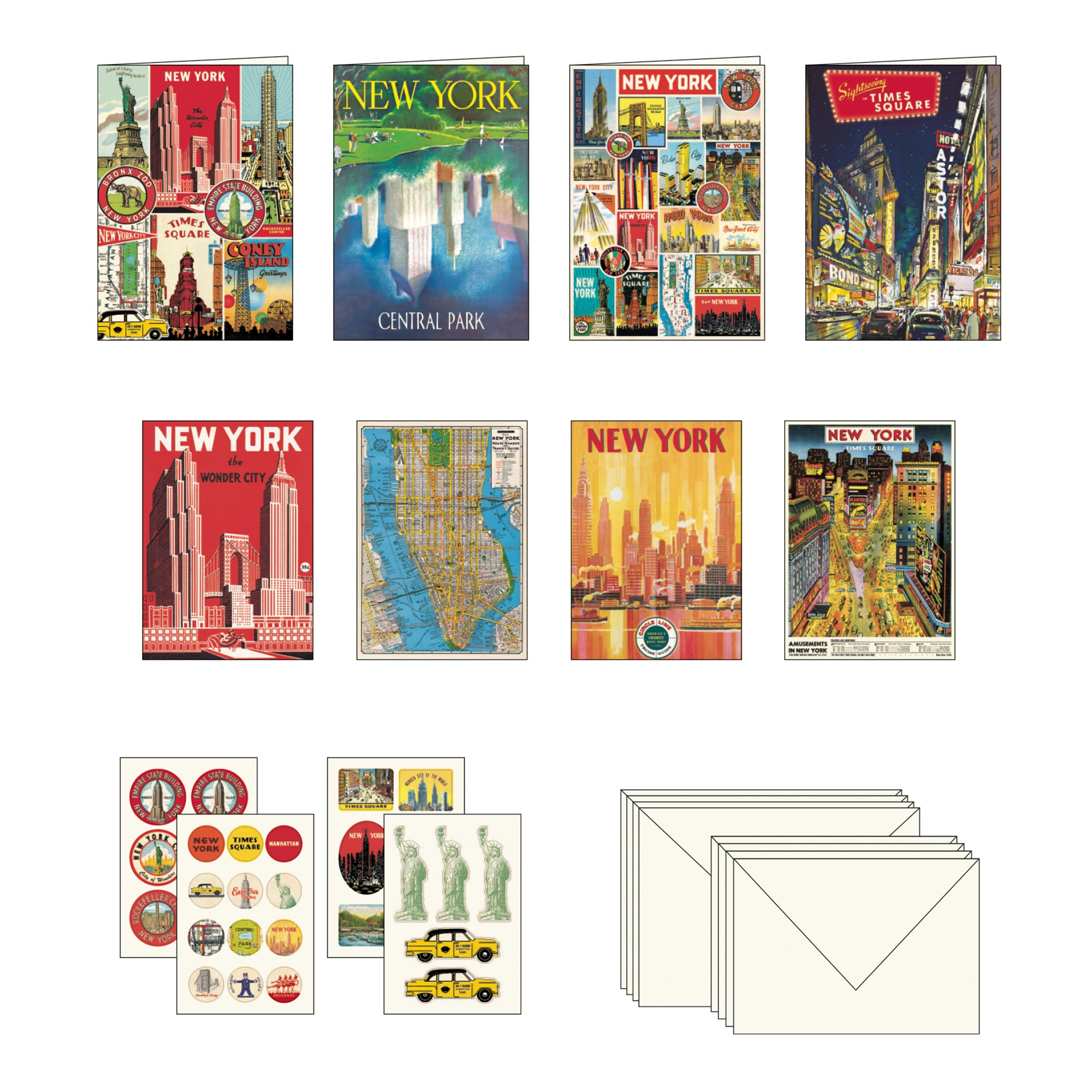 Vintage NYC Notecards Set - 8 Folded Cards with Stickers