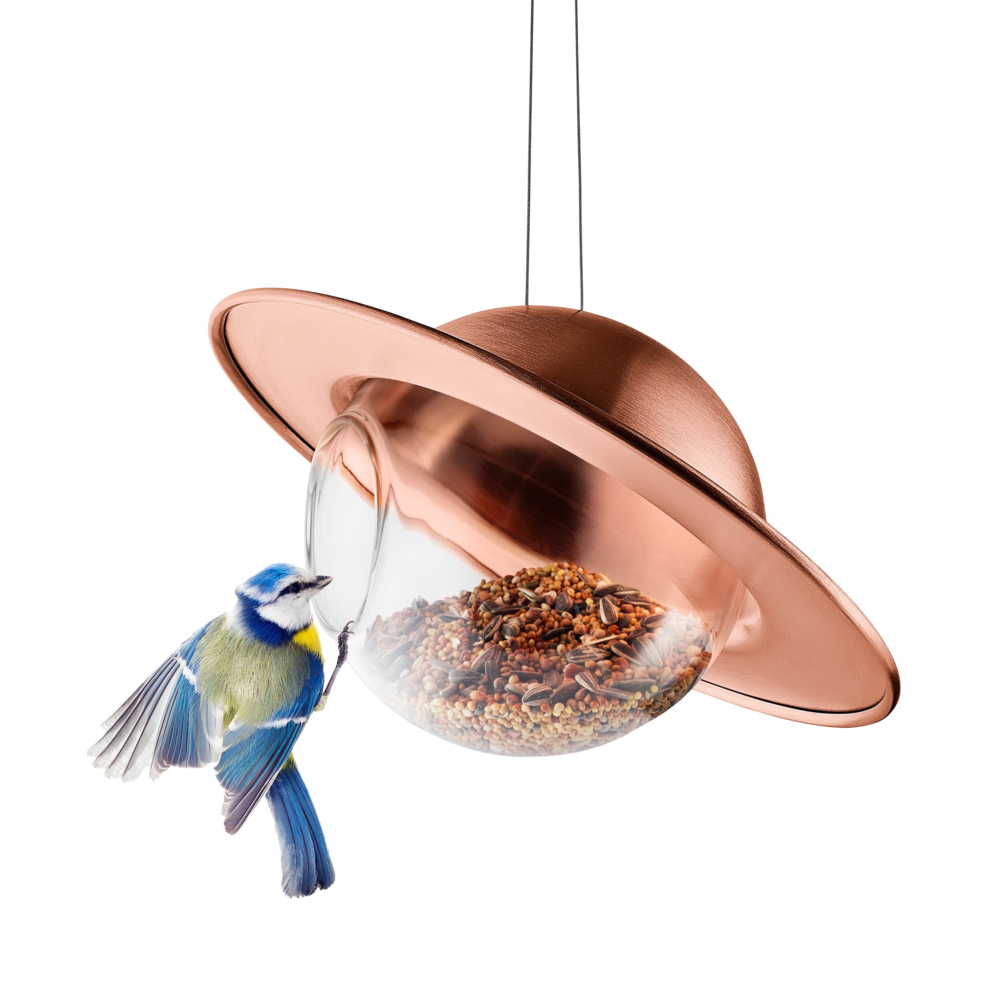 Copper Roof Saturn Glass Bird Feeder for Outdoor Gardens