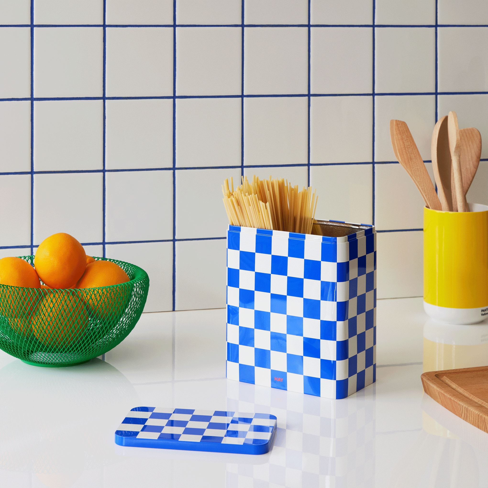 HAY Blue and Off White Patterned Tin Storage Container