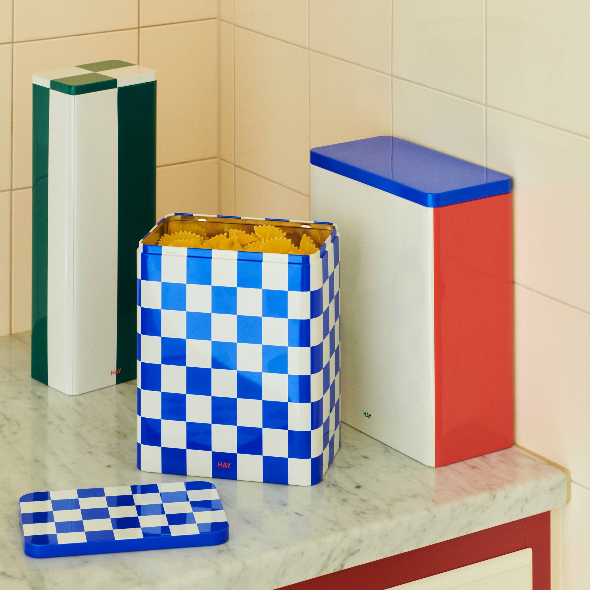 HAY Blue and Off White Patterned Tin Storage Container