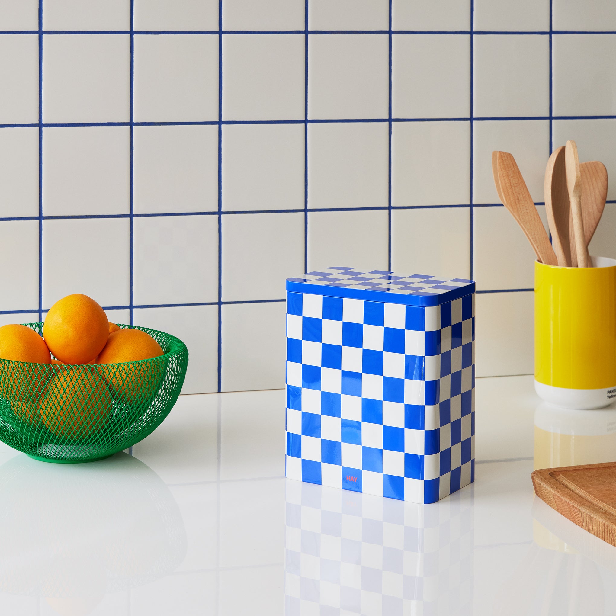HAY Blue and Off White Patterned Tin Storage Container