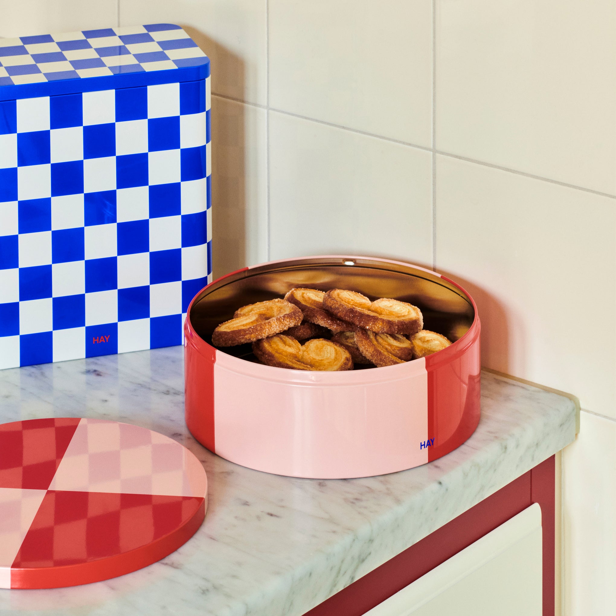 HAY Red & Soft Pink Patterned Tin Container for Kitchen Storage