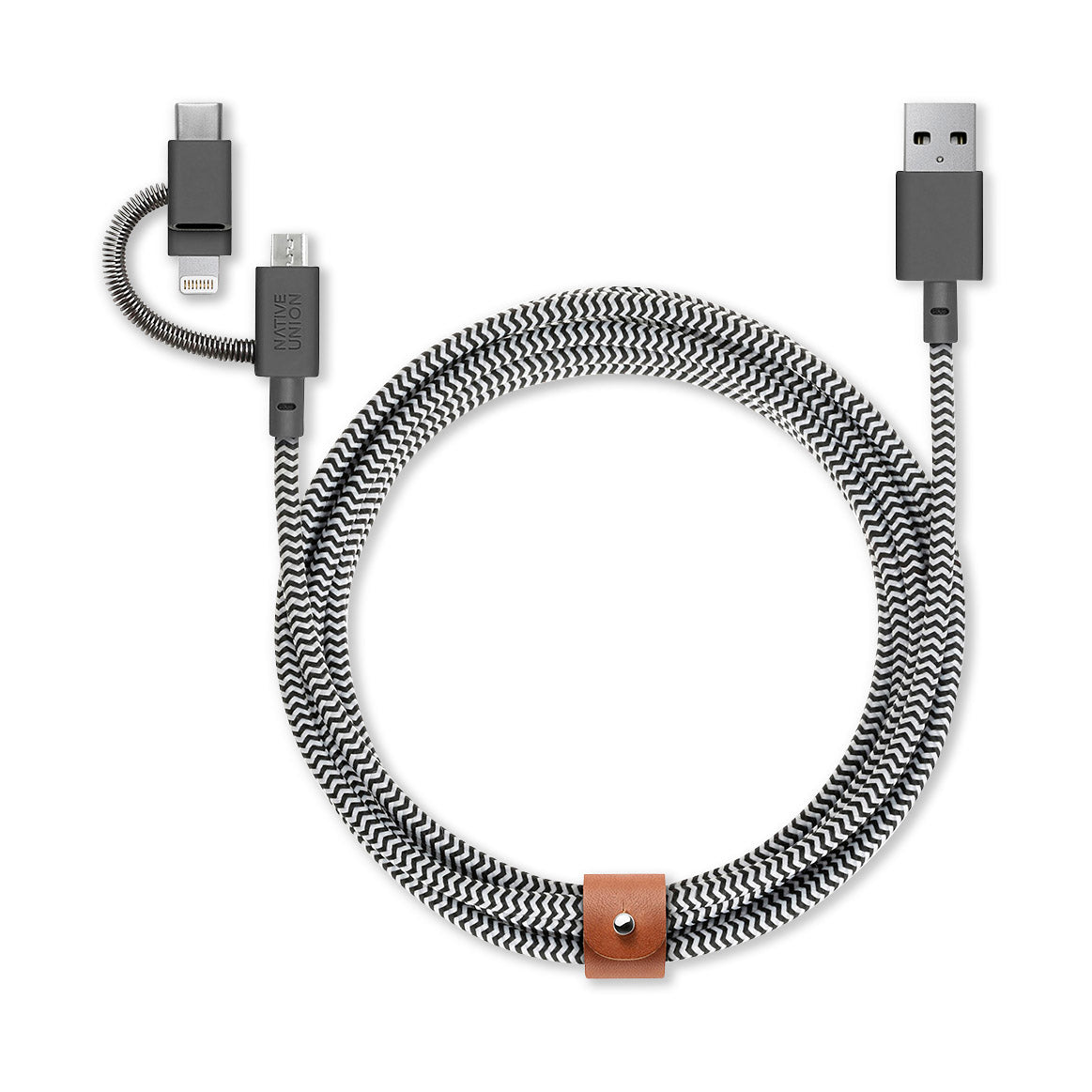 3-in-1 Charging Cable with Leather Belt - USB-C, Lightning, Micro-USB