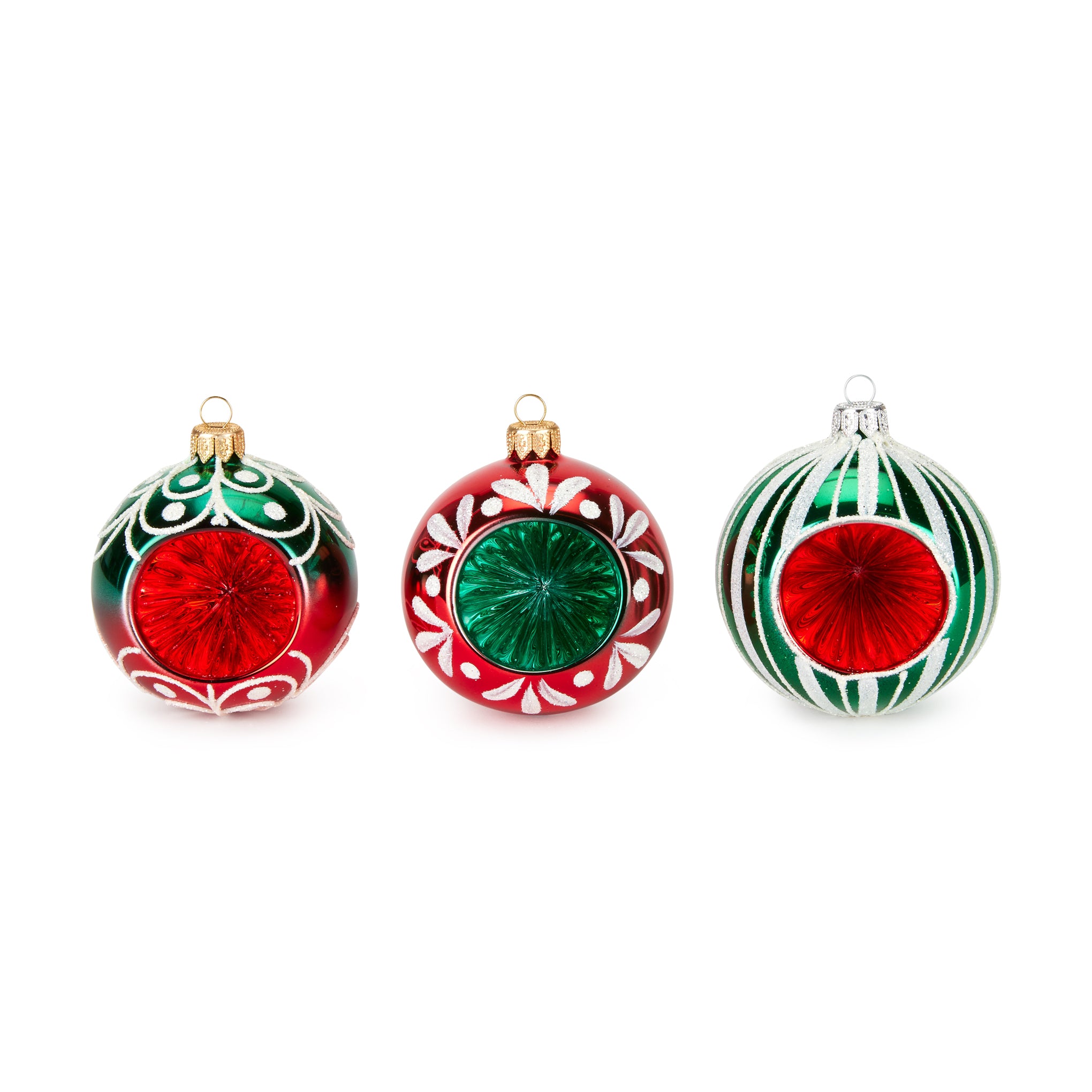 Handcrafted Glass Christmas Ornaments - Set of 3 Red Glittered