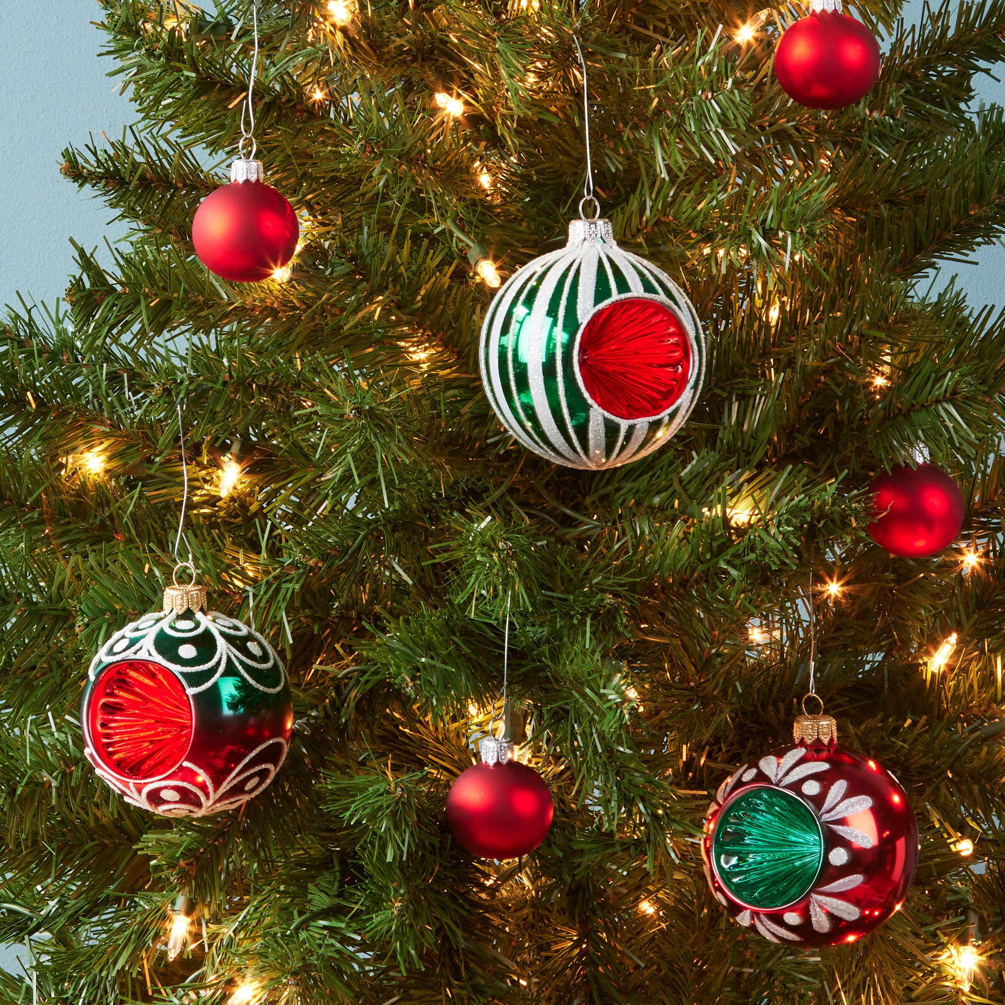 Handcrafted Glass Christmas Ornaments - Set of 3 Red Glittered