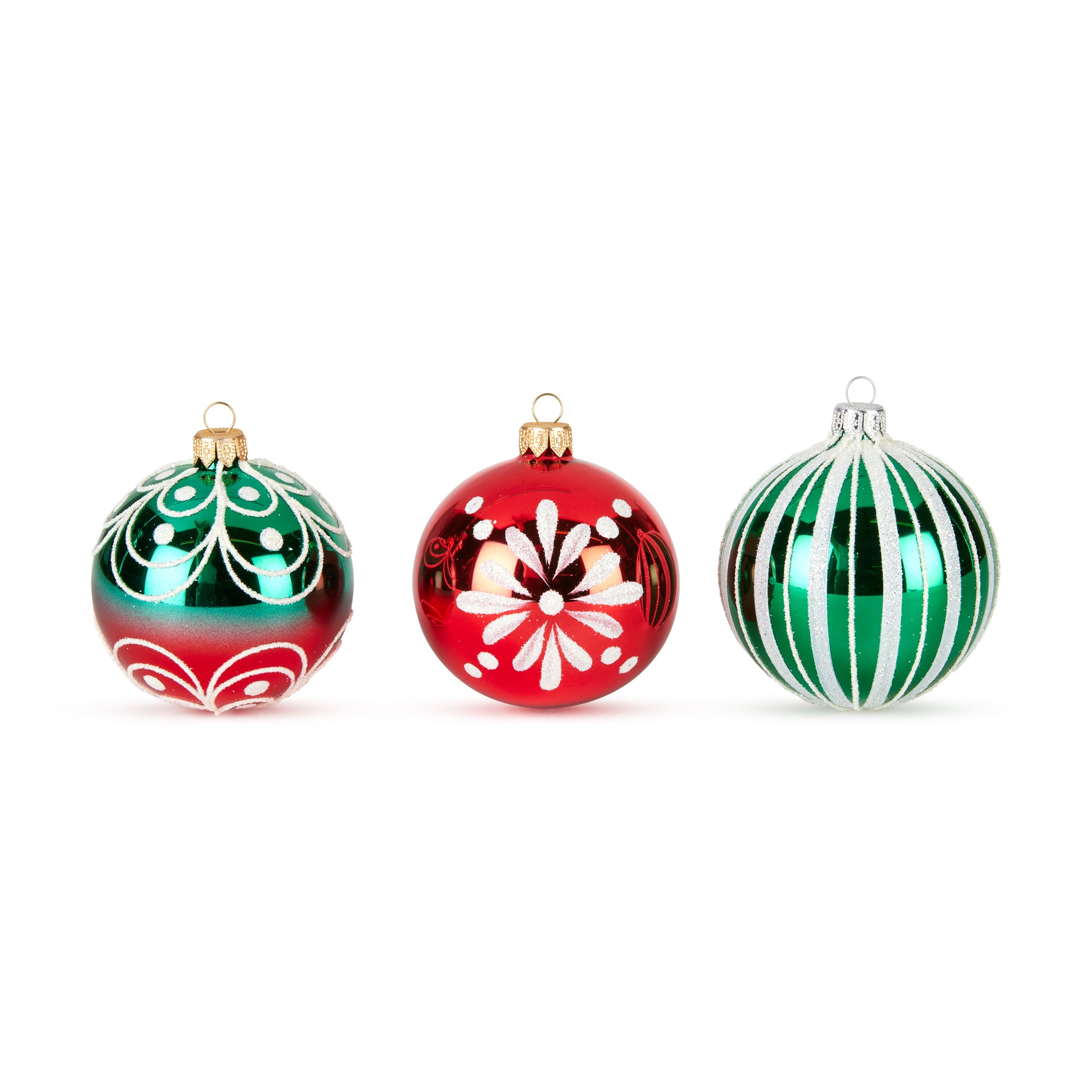 Handcrafted Glass Christmas Ornaments - Set of 3 Red Glittered