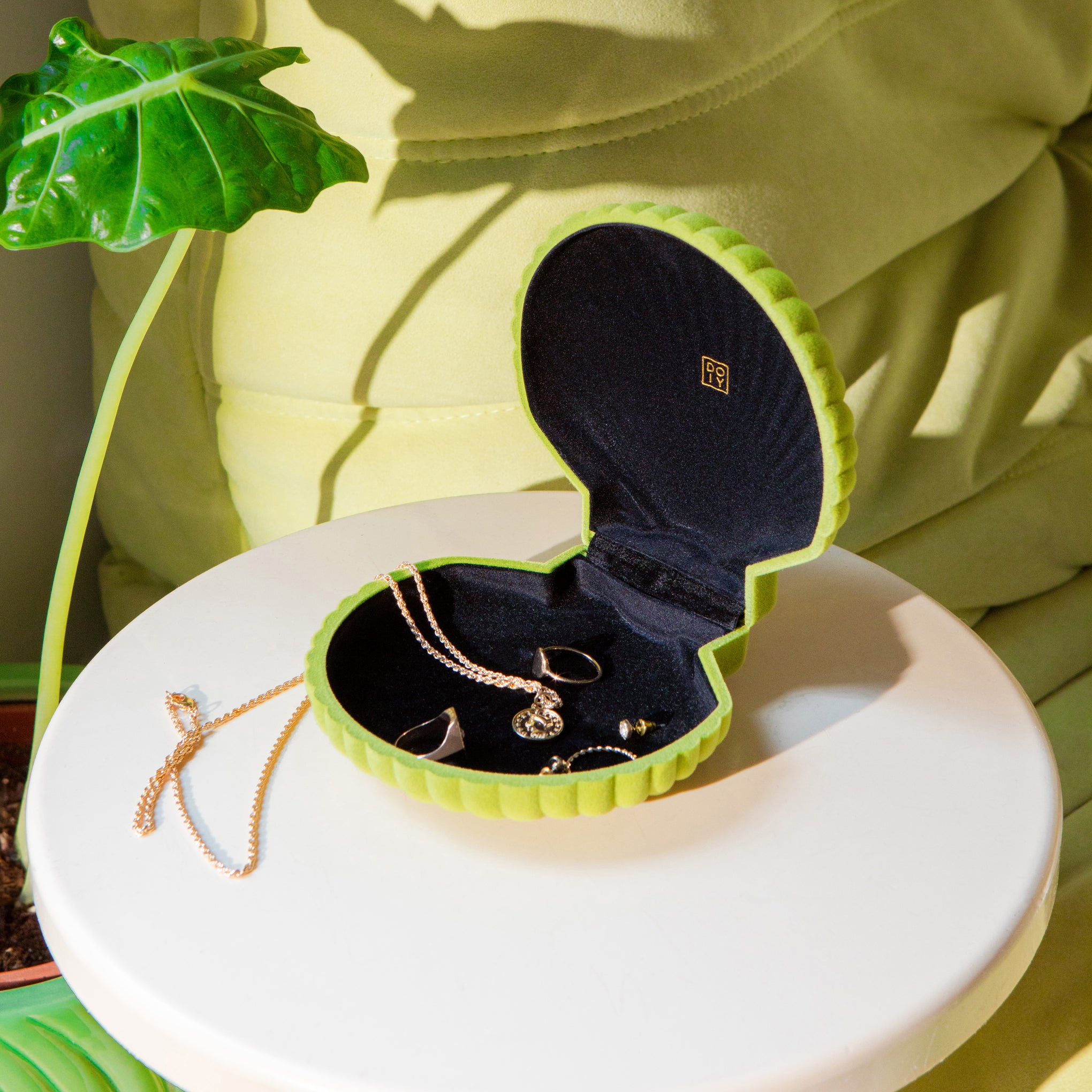 Venus Velvet Green Seashell Jewelry Box for Travel & Storage