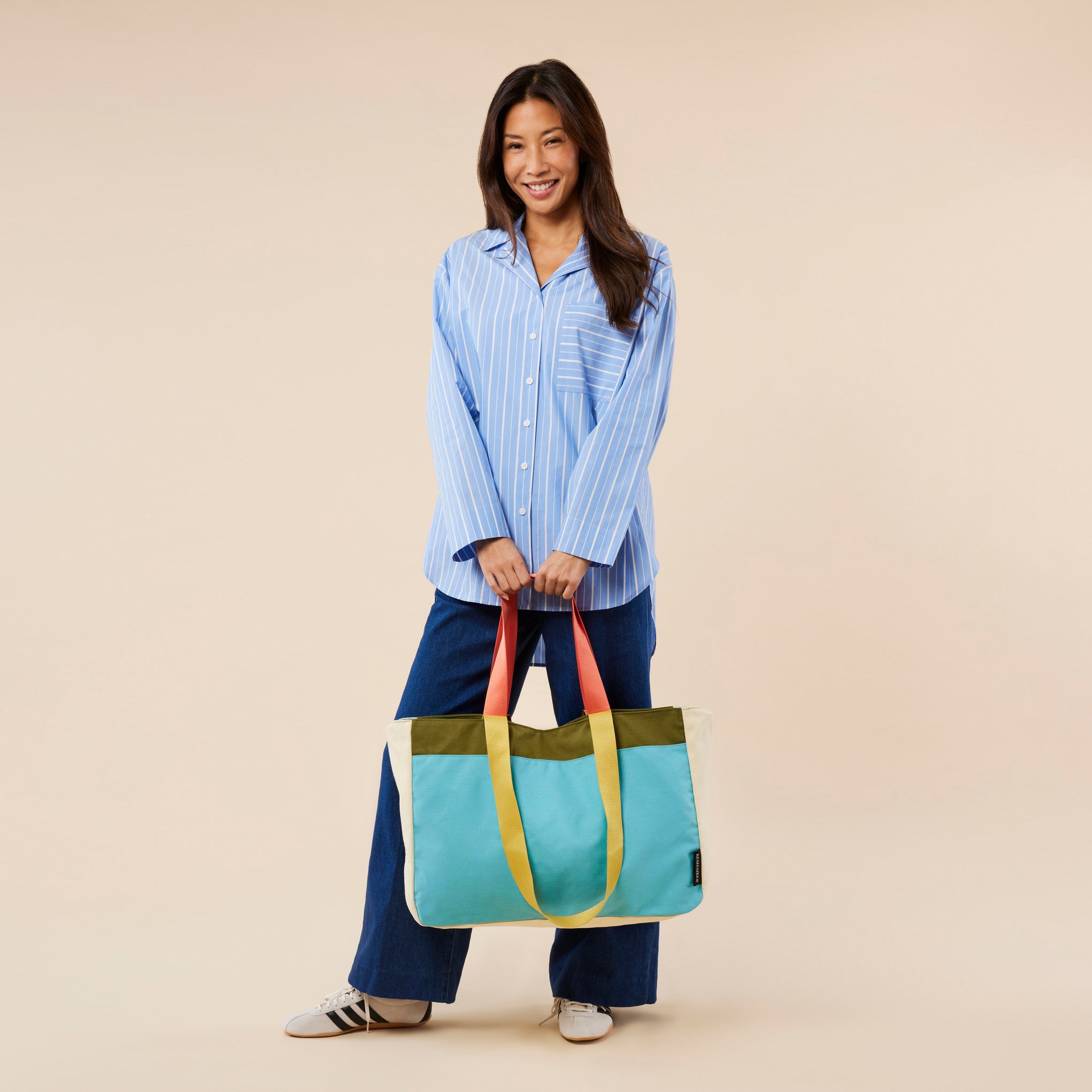Large Cotton Canvas Tote Bag with Detachable Pouch - Blue