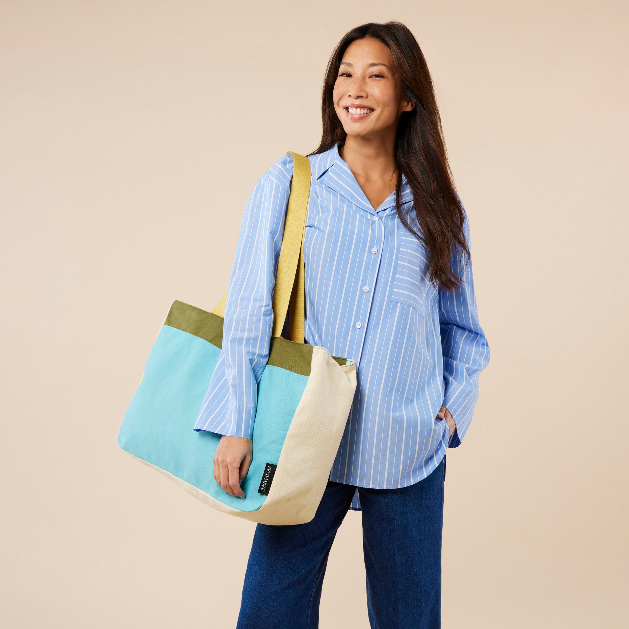 Large Cotton Canvas Tote Bag with Detachable Pouch - Blue