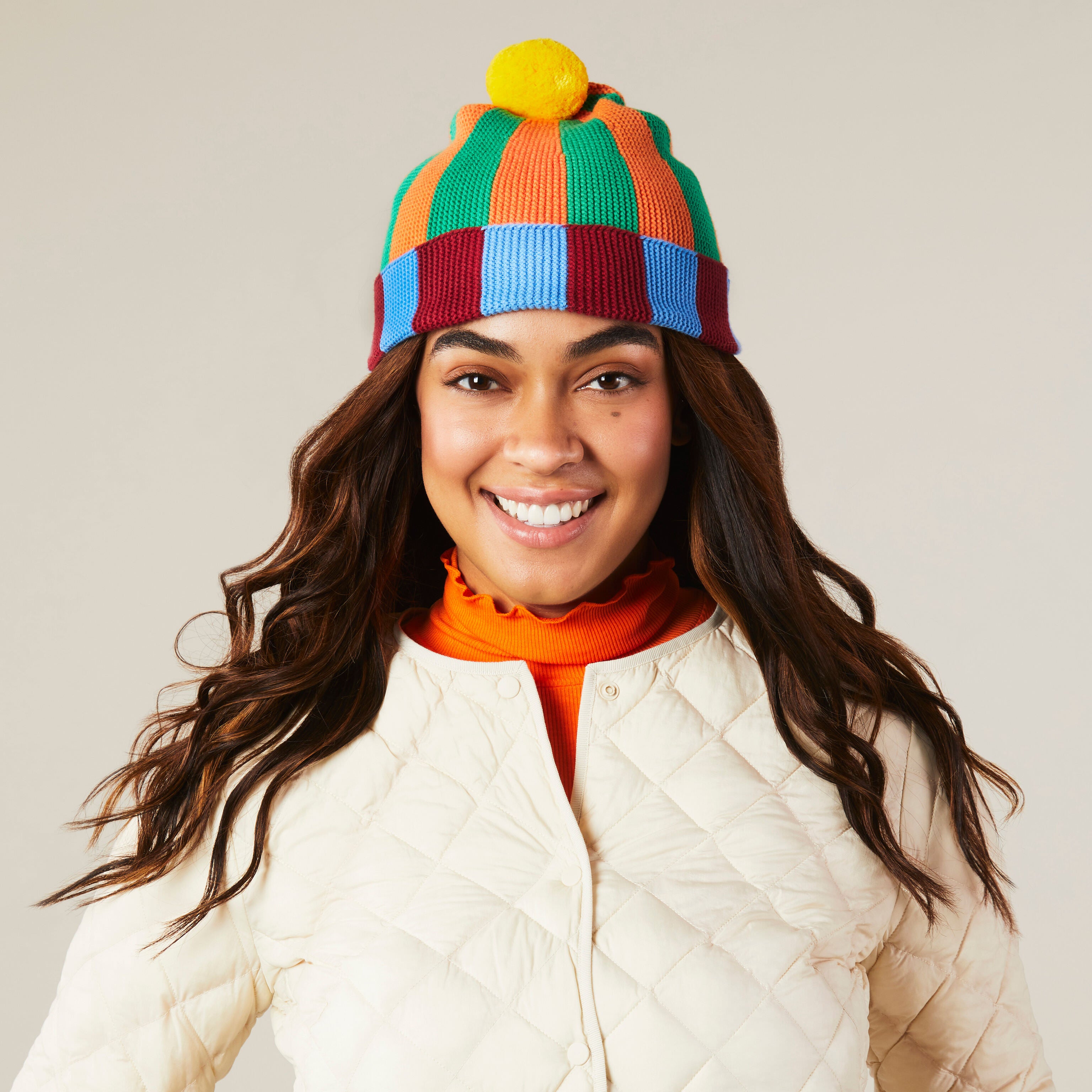 Dusen Dusen Striped Cotton Beanie with Pom-Pom - Blue Green
