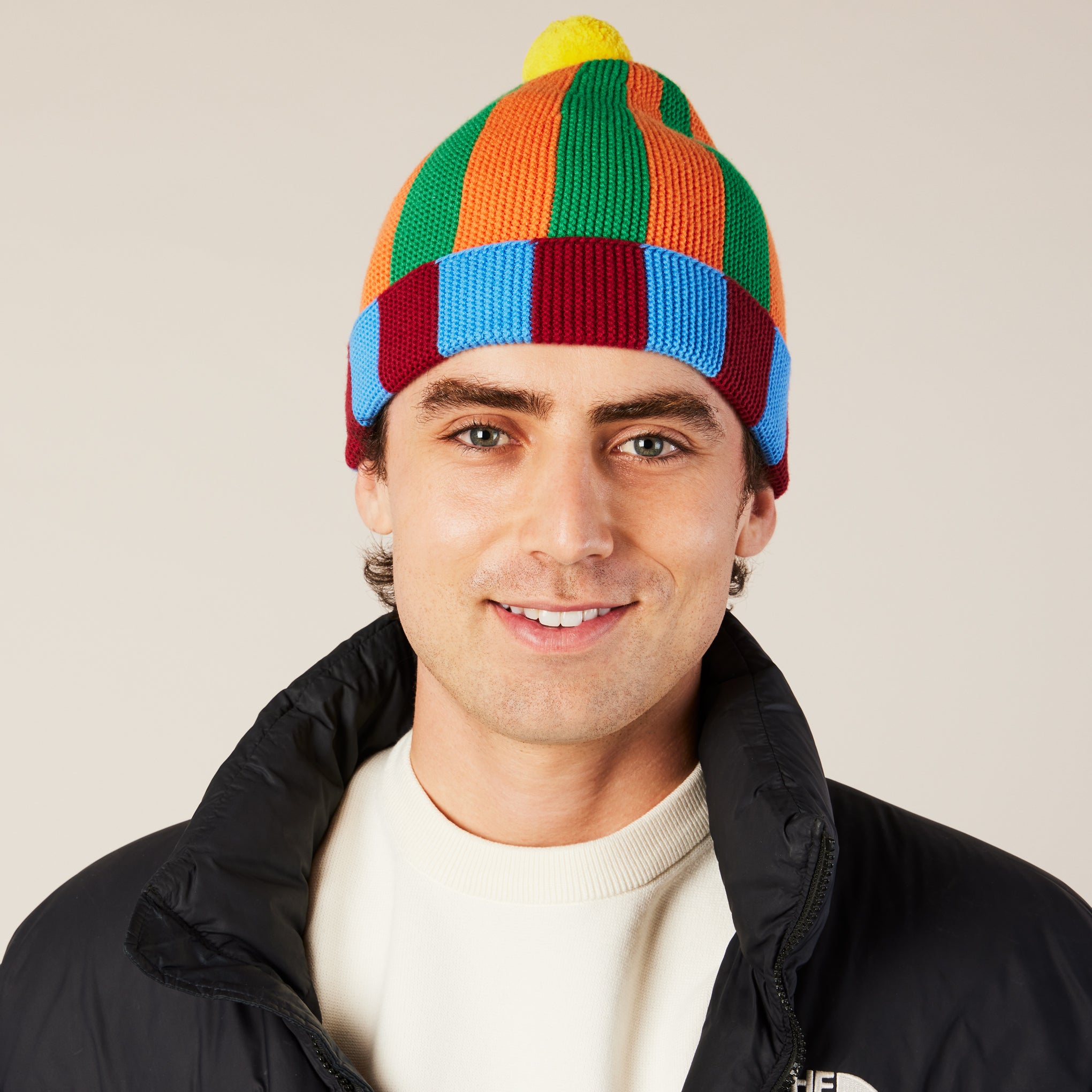 Dusen Dusen Striped Cotton Beanie with Pom-Pom - Blue Green