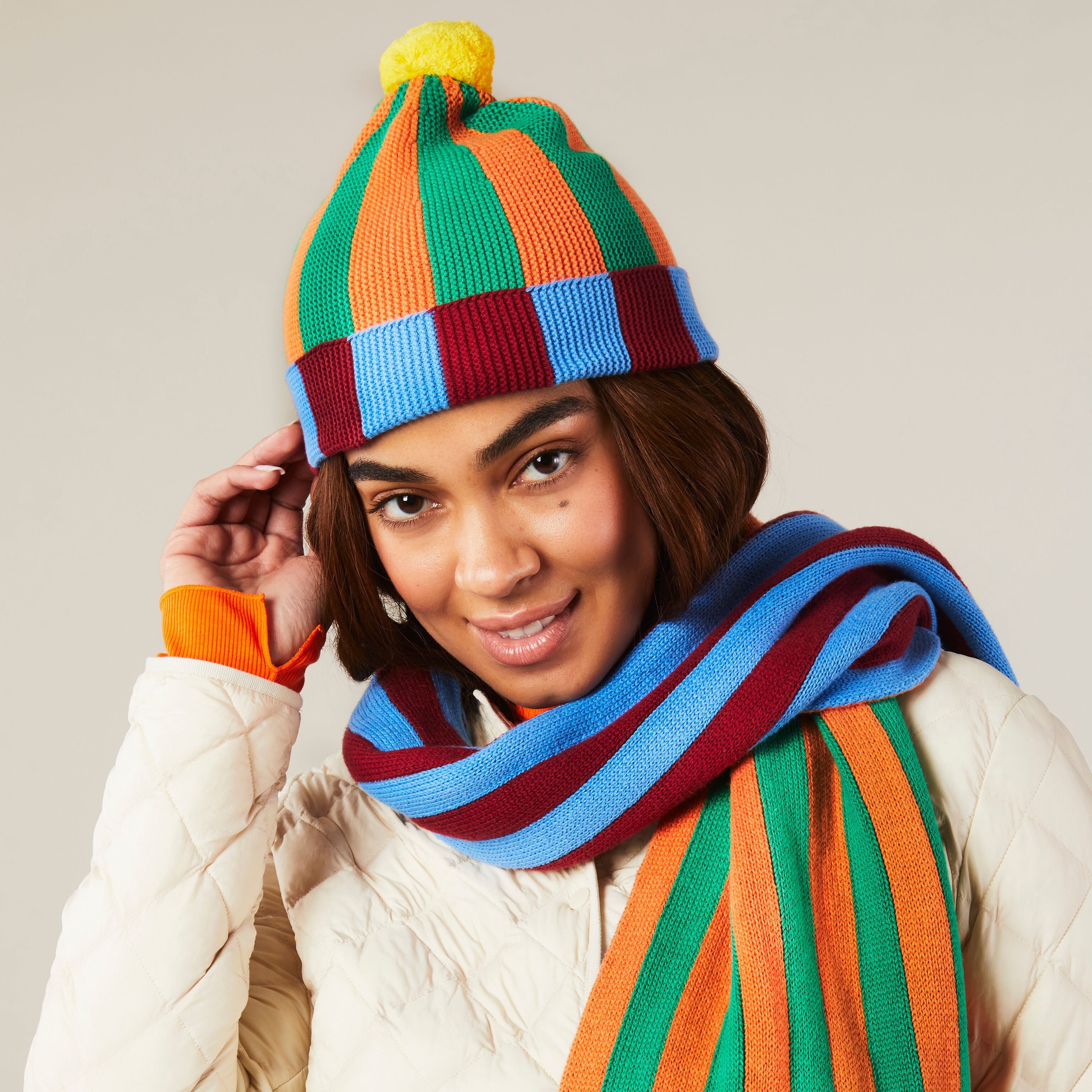Dusen Dusen Striped Cotton Beanie with Pom-Pom - Blue Green