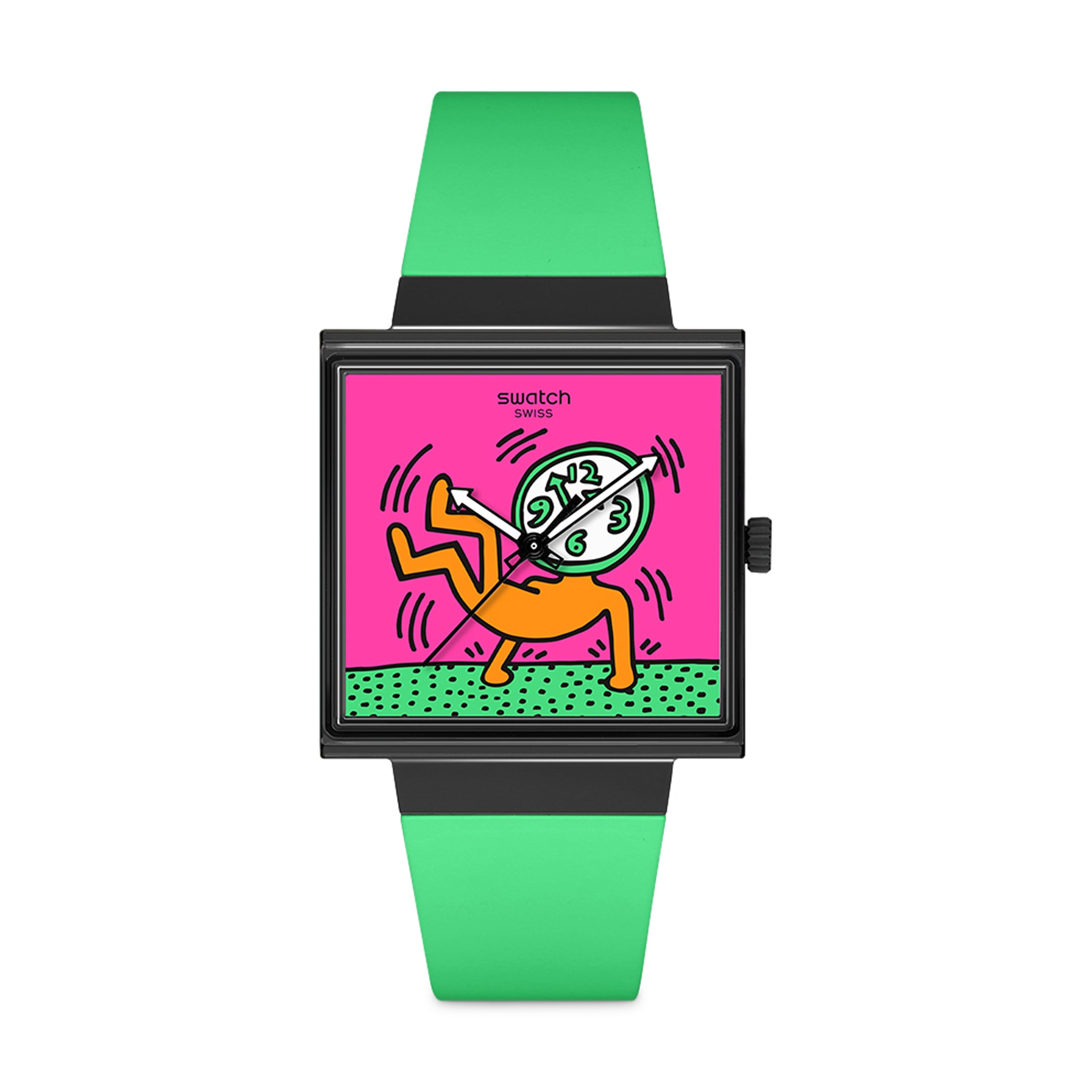 Swatch Keith Haring Breaks Off Art Watch – Pink Dial, Green Strap