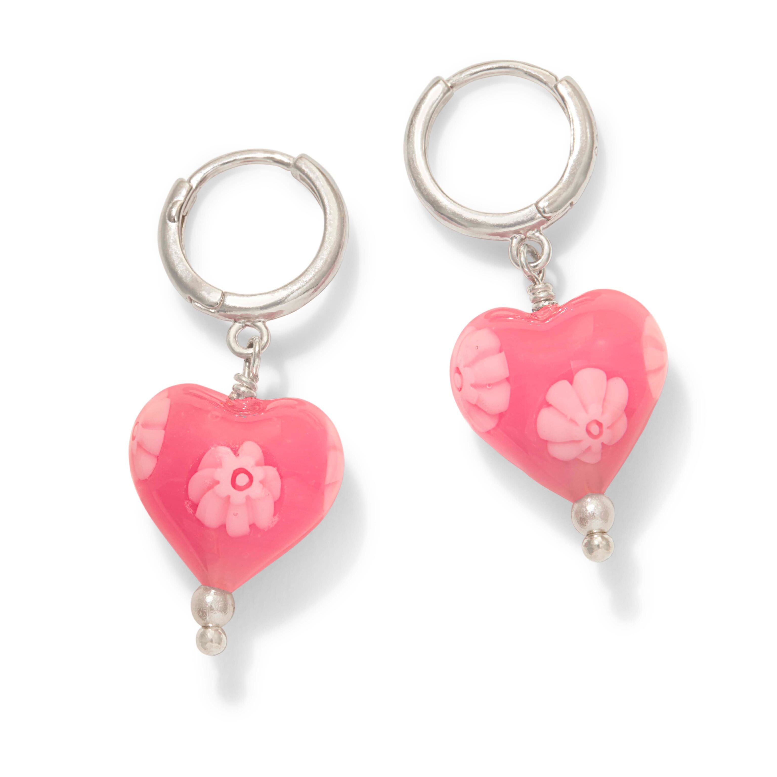 Pink Heart Millefiori Huggie Hoop Earrings by Yam